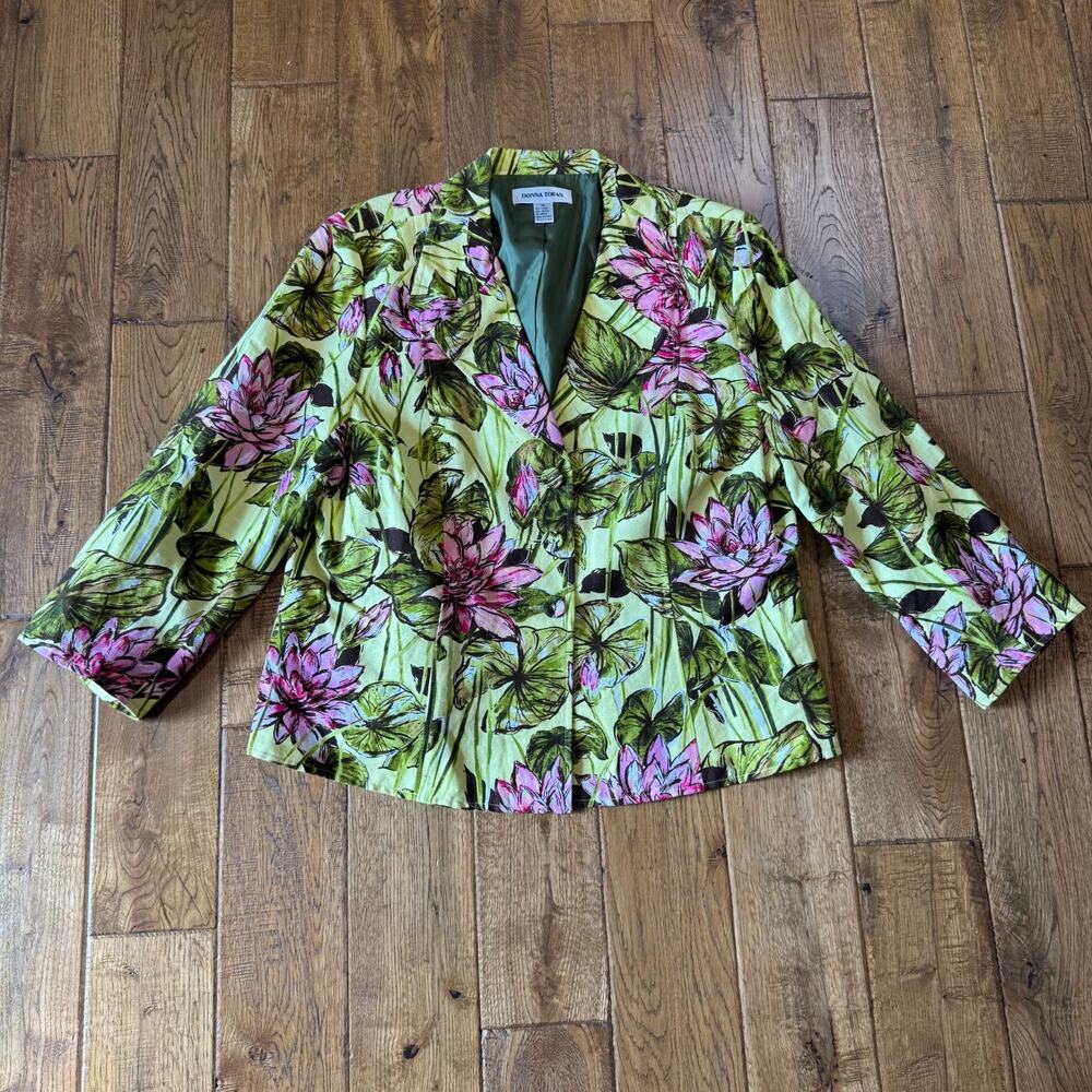 VTG Donna Toran Linen Blend Floral Blazer Jacket Women Sz 16 Button Up Green